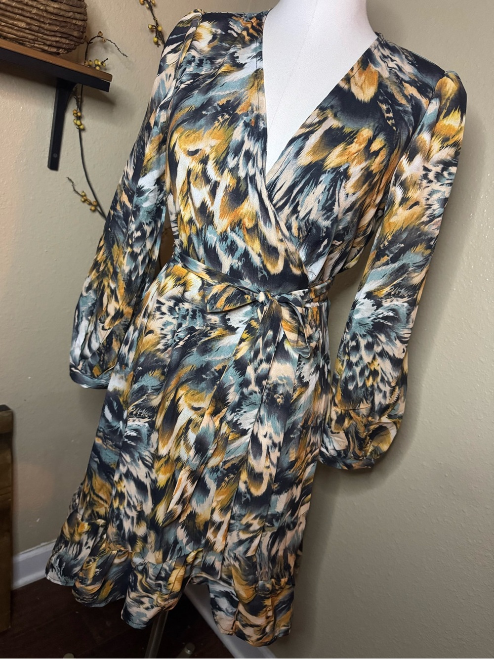 Massimo Dutti Wrap Dress in Mustard, Teal & Black Abstract Print